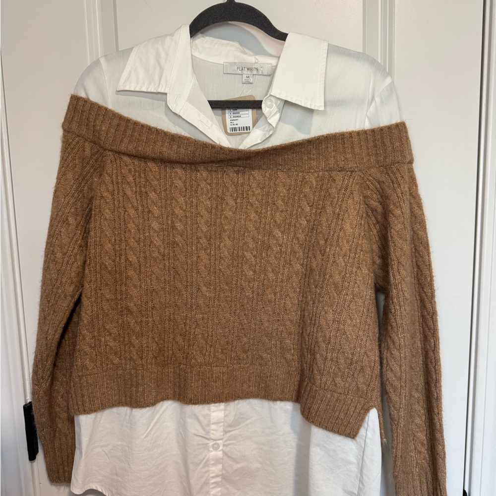 Flat White Off Shoulder Cable Knit Layered Button Down Shirt Sweater Brown M NEW